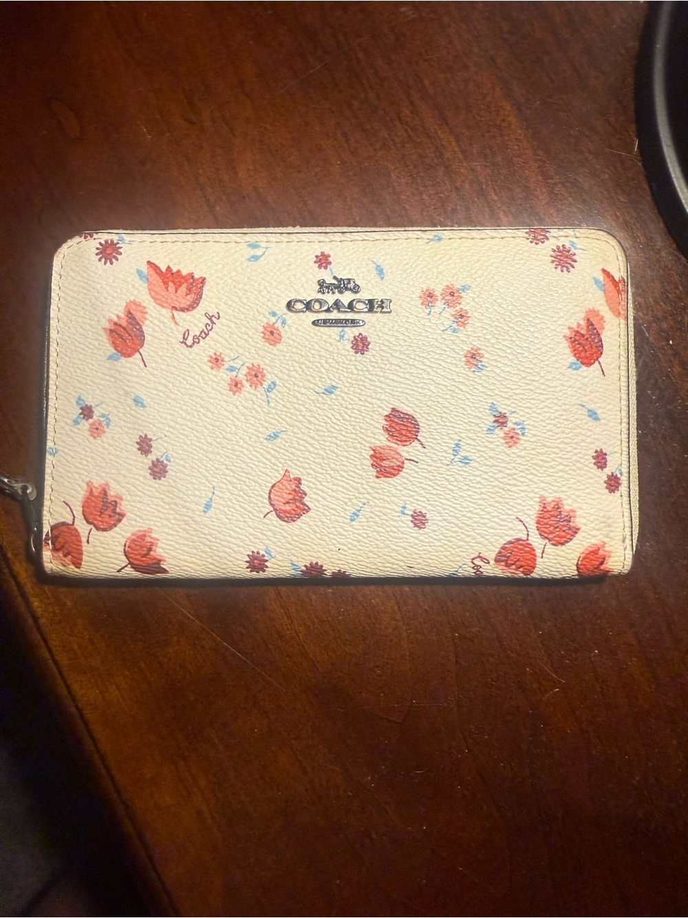 COACH Cream Zip-Around Wallet with Pink Floral Print